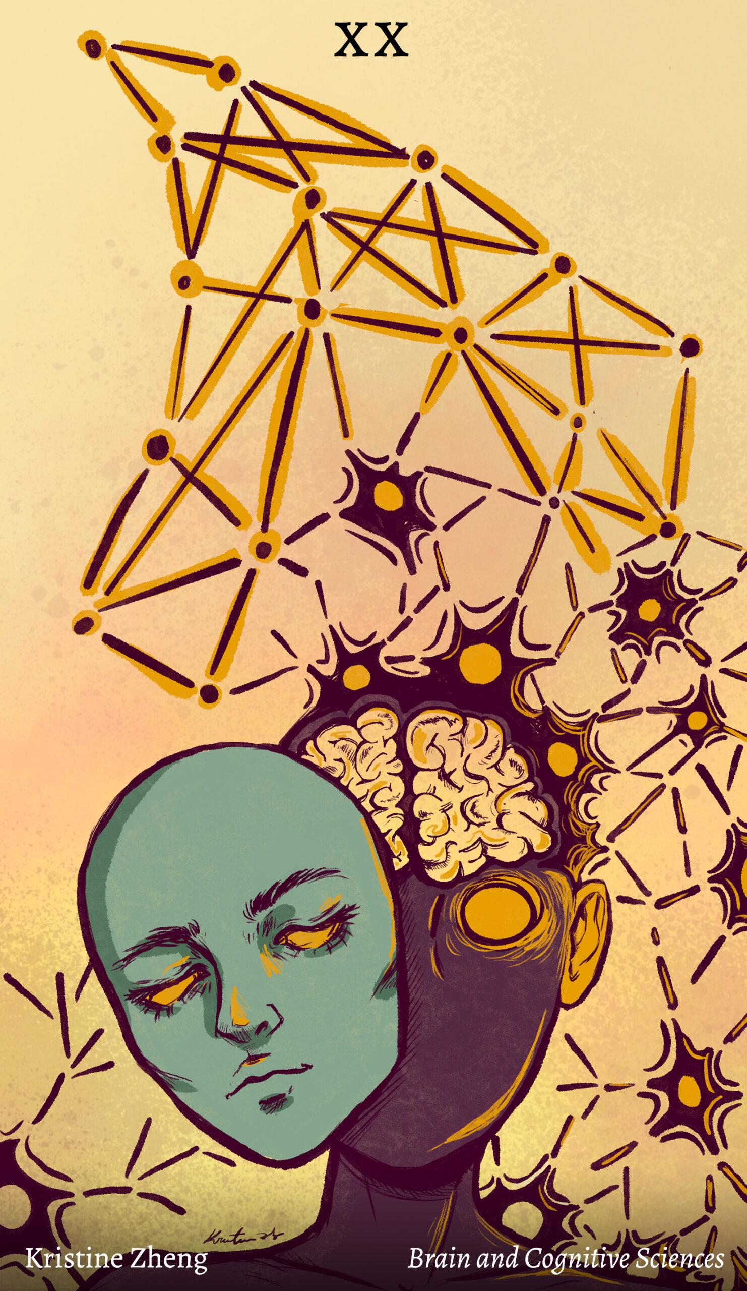 mask falling away from a face revealing wide glowing eyes and the brain, with neurons and sparks connecting it to a graph