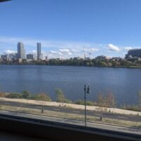 a picture of the boston skyline and charles river from my window