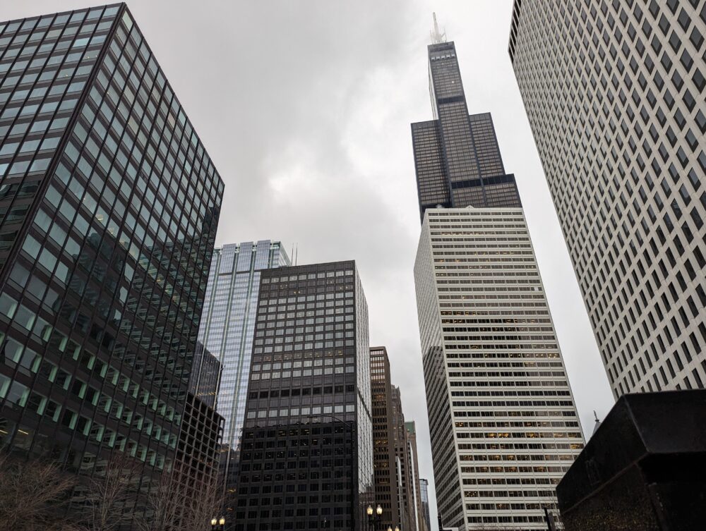 some skyscrapers, including a much taller black building