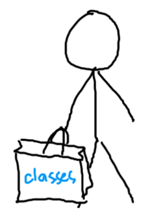 person holding shopping bag with classes written on it