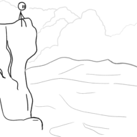 drawing of a stick figure on a cliff looking at the scenery below