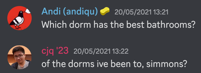 A Discord conversation about the best bathrooms on campus