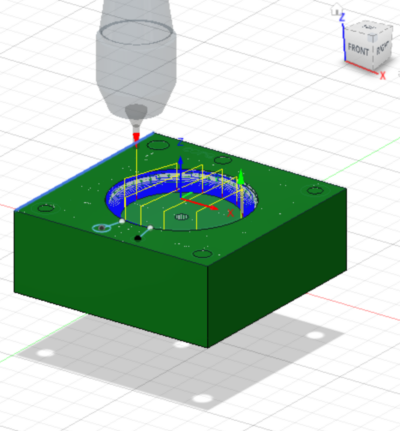 green rectangular mold and drill path in a spiral into the mold