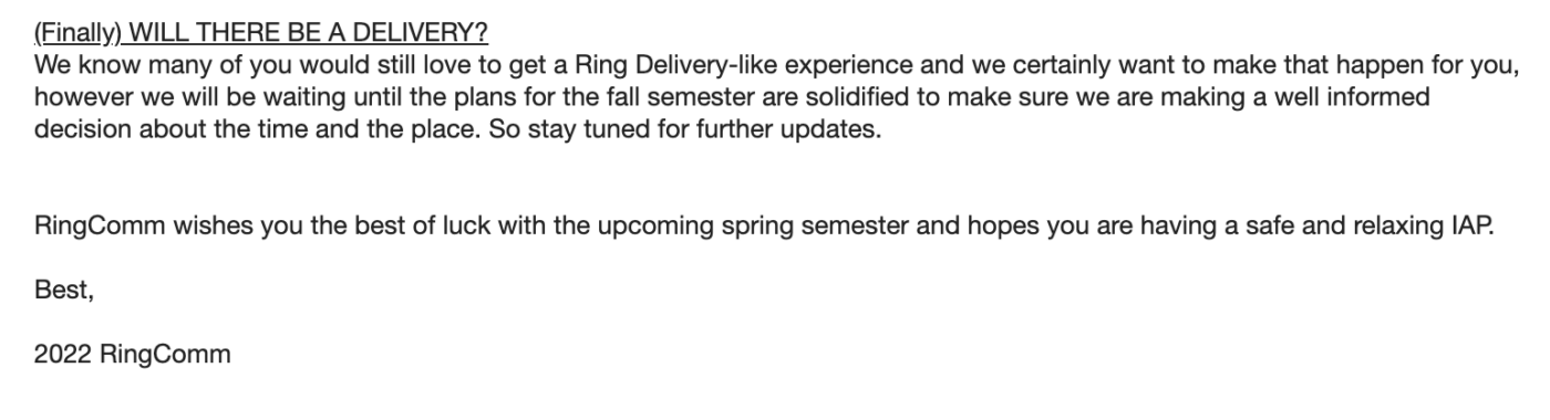 part of an email from RingComm further postponing Ring Delivery